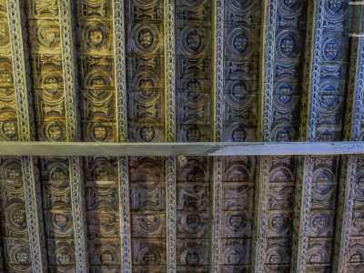 ...fa bella mostra di s� il raffinato soffitto ligneo decorato con elementi vegetali e geometrici, tornato alla luce durante i restauri dell�appartamento